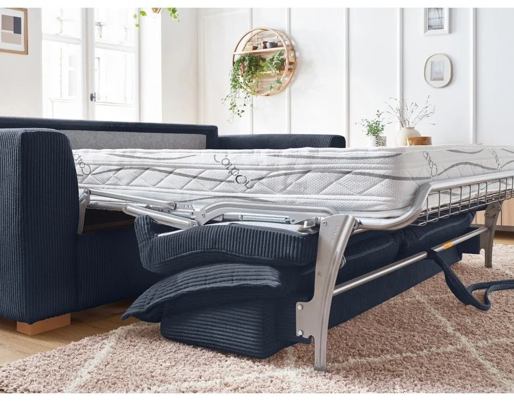 Tmavomodrá menčestrová rozkladacia pohovka 225 cm Augustin – Bobochic Paris