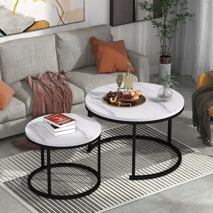 Súprava 2 okrúhlych konferenčných stolíkov – biely mramor