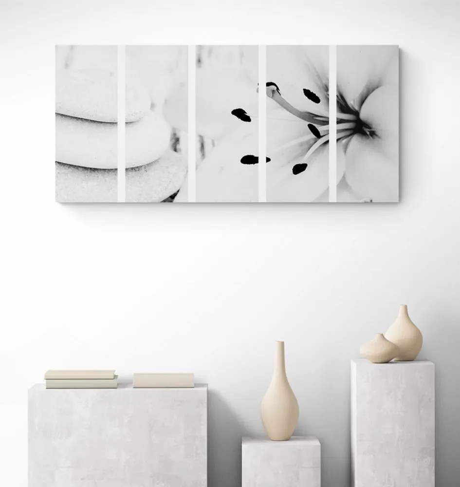5-dielny obraz Feng Shui zátišie v čiernobielom prevedení
