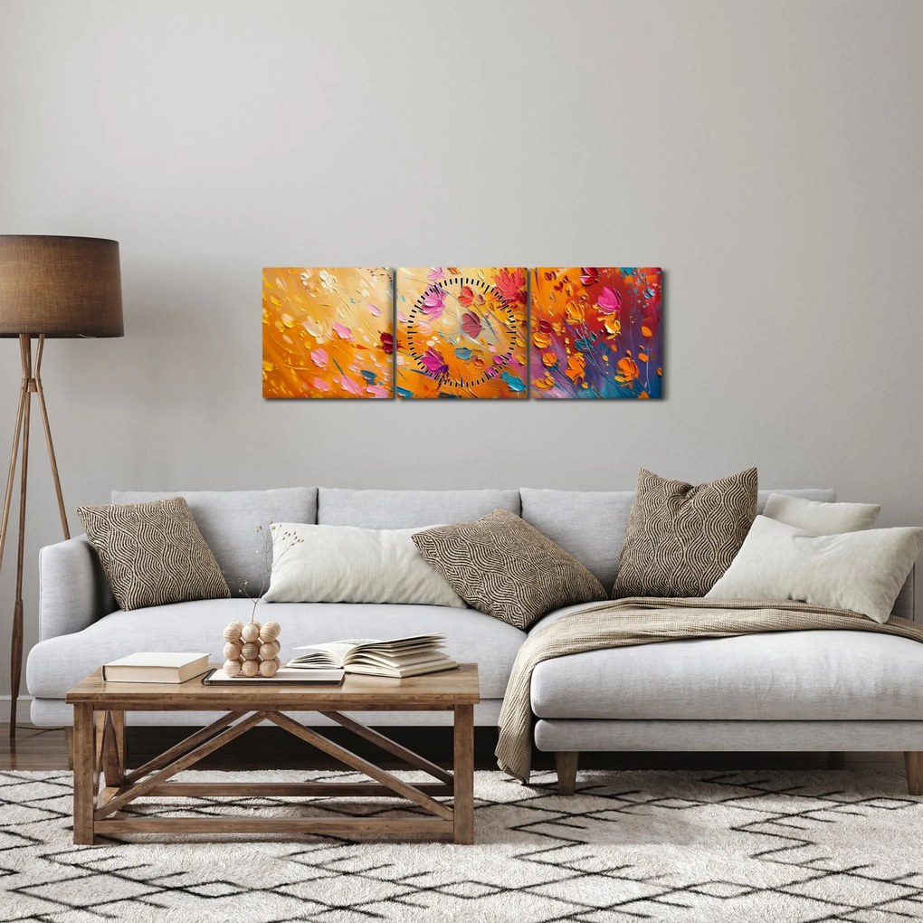 Obraz - Maľba farebných kvetov (s hodinami) (90x30 cm)