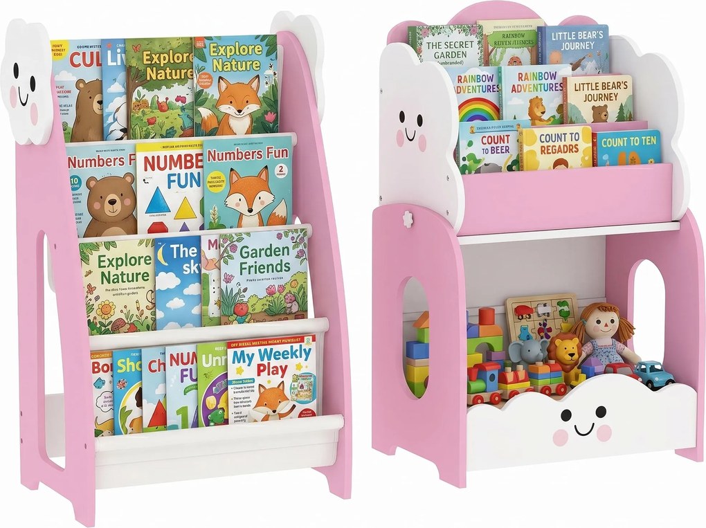 AIYAPLAY Kids Storage Unit for Ages 3–8, Modular Toy Organizer with 4-Shelf Magazine Rack, 3-Tier Bookcase & Nightstand, Pink | Aosom