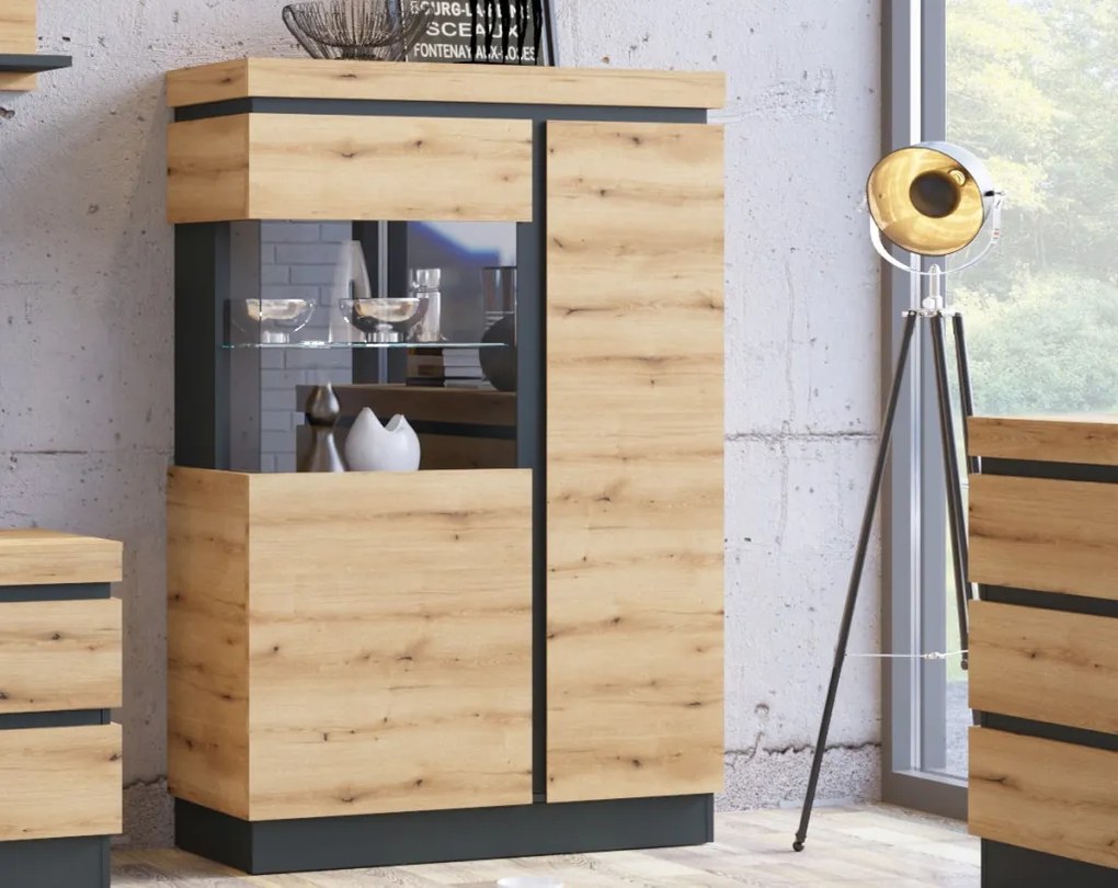 Nízká vitrína Corte, dub coast/tmavo šedá