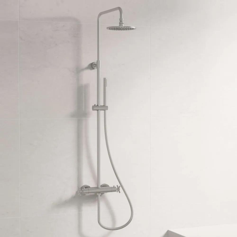 STEINBERG 250 nástenný sprchový systém s termostatom, horná sprcha priemer 200 mm, tyčová ručná sprcha 1jet, brúsený nikel, 2502721BN