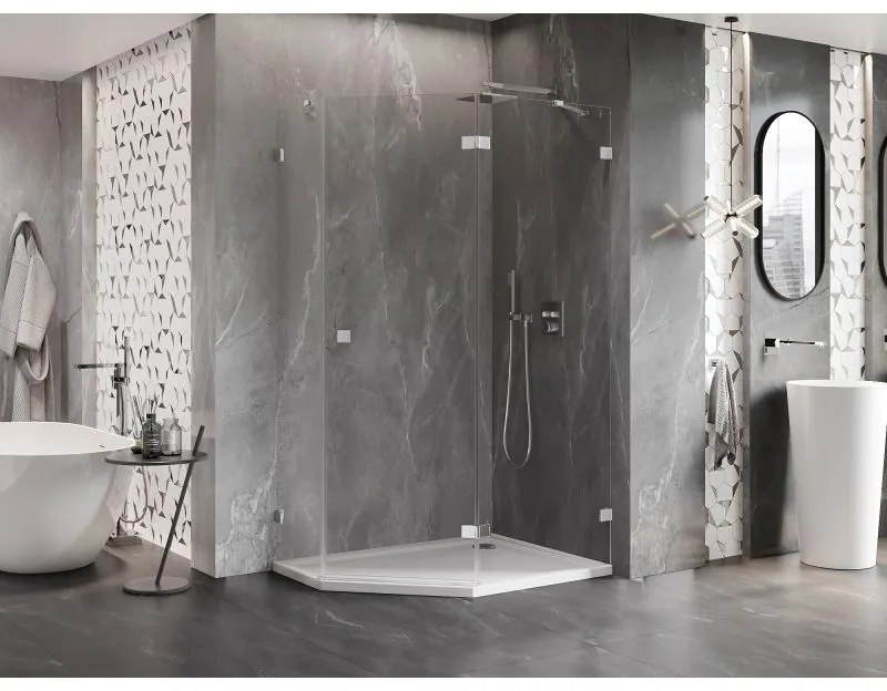 Mexen Lunar, päťuholníkový sprchový kút naklápací vpravo 90 x 80 cm, 8mm číre sklo, chrómový profil, 831-090P-080L-01-00-P