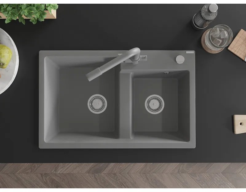 Mexen Tomas, granitový drez 800x500x190 mm, 2-komorový a šedá batéria Duero, šedá, 6516-71-671600-71