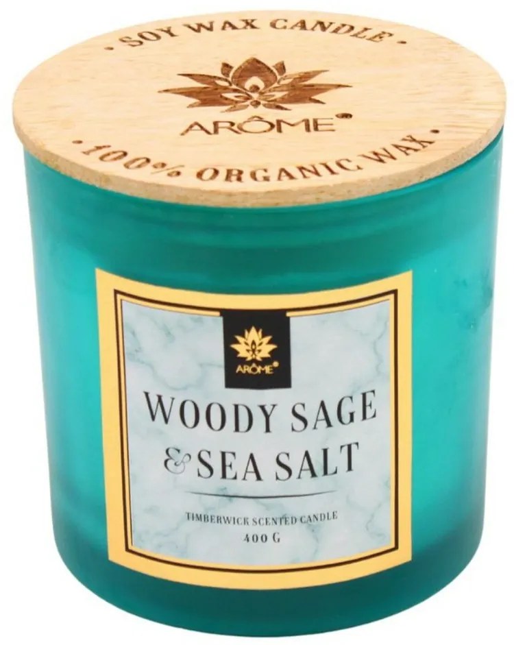 Arome Sójová sviečka 400 g s dreveným knôtom a viečkom, Woody Sage and Salt