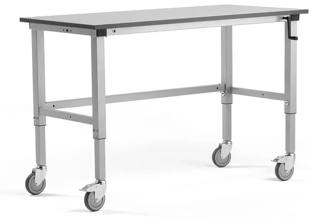 Manuálne nastaviteľný dielenský stôl MOTION s kolieskami, 1500x600 mm