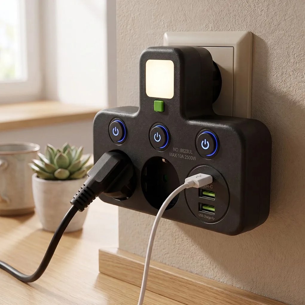 Toolight Toolight, JNH017, zásuvkový rozbočovač 2 zásuvky + 2× USB-A + USB-C s LED svetlom, čierna, OSW-56308