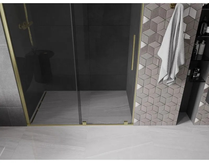 Mexen Velar, posuvné sprchové dvere do otvoru 130 cm, 8mm šedé sklo, zlatá matná, 871-130-000-41-55