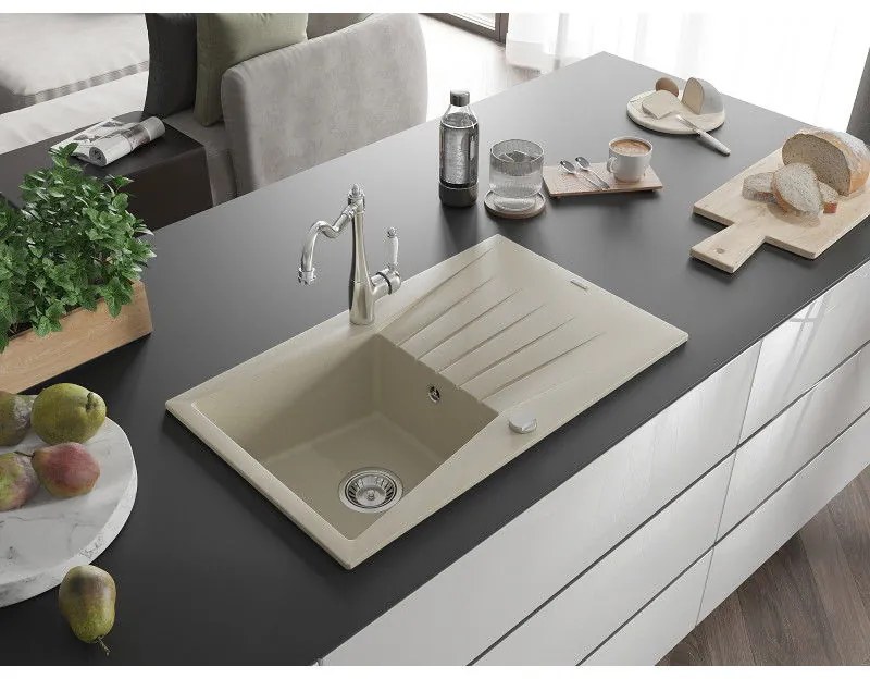Mexen Cesar, 1-komorový granitový drez 775x470x190 mm a drezová batéria Carla, béžová, 6514-69-670700-00