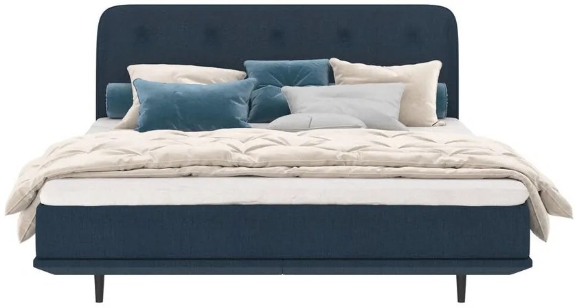 Celočalúnená posteľ LEILA s matracom 180x200 cm tmavo-modrá, bukové nohy