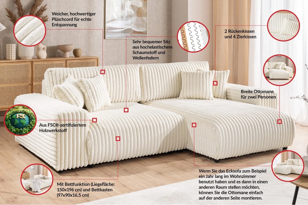 ROHOVÁ SEDAČKA S ROZKLADANÍM BELINDA 255 x 168 cm VITO 23