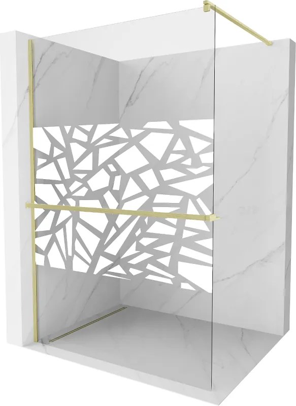 Mexen Kioto+, sprchová zástena Walk-In s poličkou a vešiakom 70 x 200 cm, 8mm číre sklo biely vzor, zlatý matný profil, 800-070-121-55-85