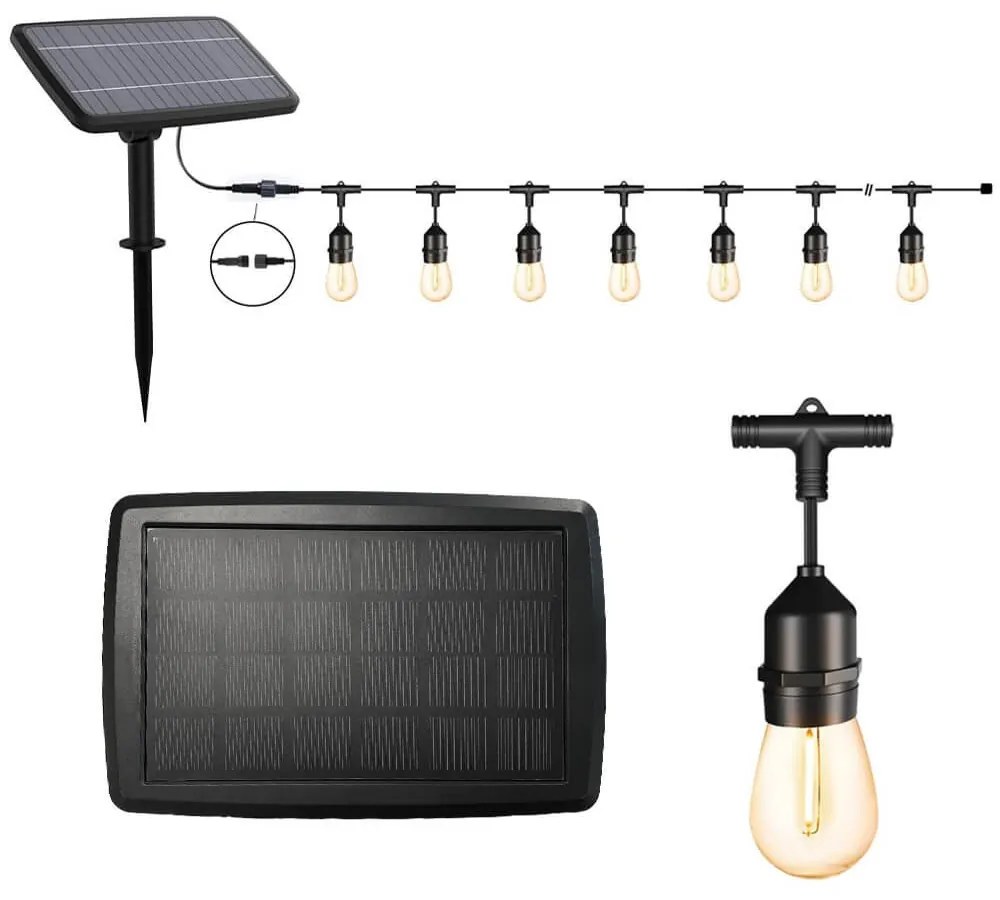 Vonkajší solárny dekoratívny svetelný reťazec, 15 ks E27 LED žiaroviek, 15m