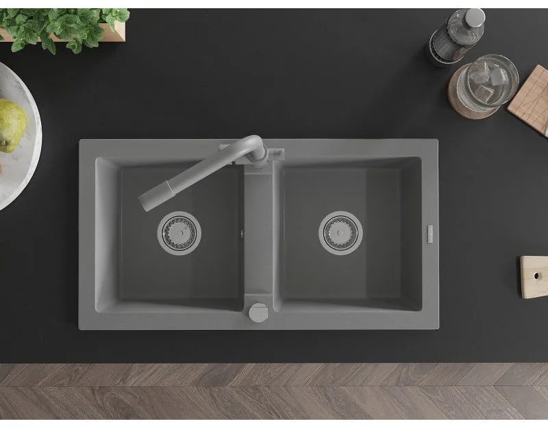 Mexen Mario, 2-komorový granitový drez 820x436x161 mm a šedá drezová batéria Duero, šedá, 6504-71-671600-71