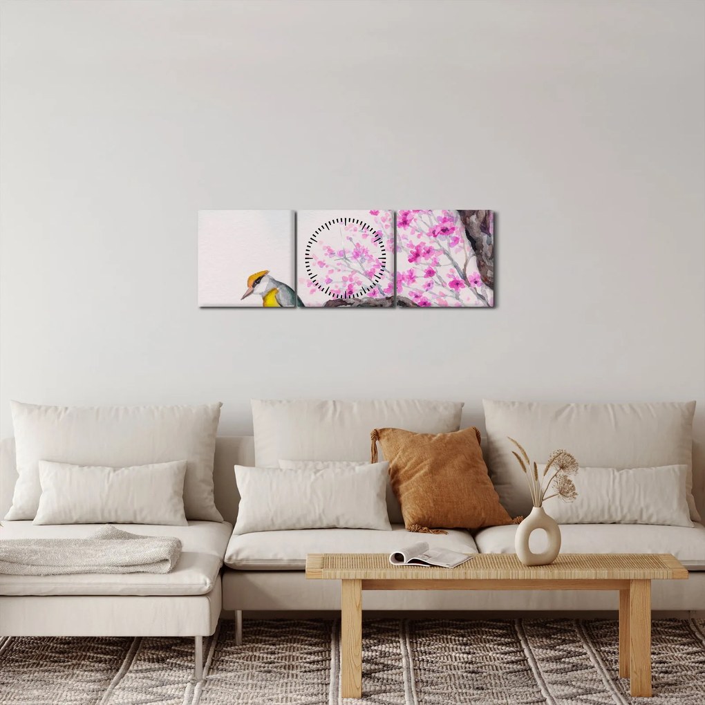 Obraz - Vtáčik na strome s ružovými kvetmi (s hodinami) (90x30 cm)