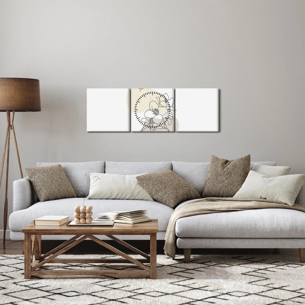 Obraz - Béžové kvety s motýľom N⁰3 (s hodinami) (90x30 cm)
