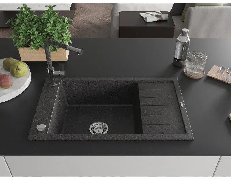 Mexen Elias, 1-komorový granitový drez 795x480x200 mm a drezová batéria Flora, čierna škvrnitá, 6511-76-670401-08