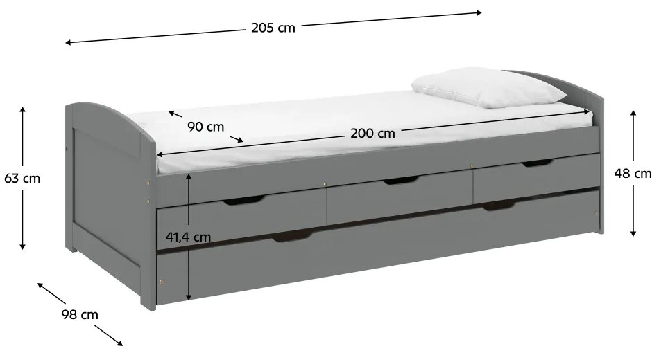 Posteľ s výsuvnou prístelkou, sivá, masív, 90x200, MARINELLA NEW