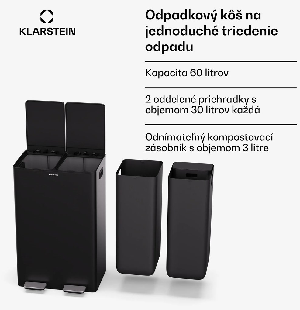 Klarstein EcoVista, odpadkový kôš s kompostérom, 60 l + 3 l/kôš + kompostér, Soft-Close