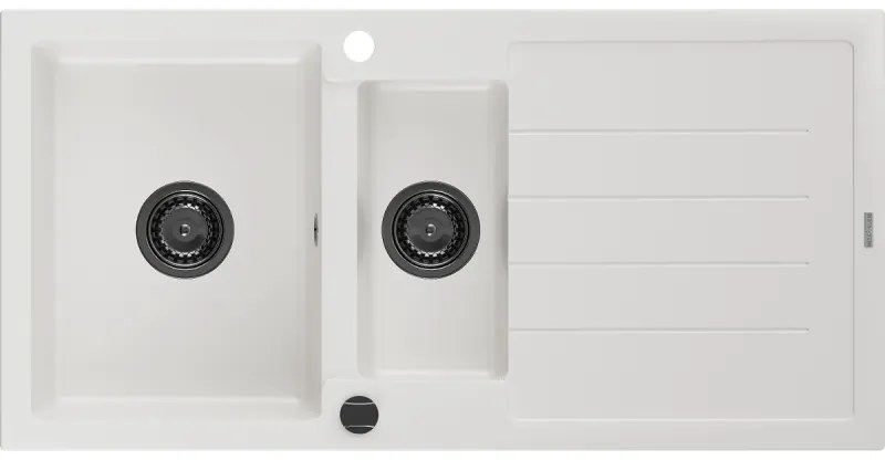 Mexen Andres, granitový drez 1000x500x200 mm, 1,5-komorový, biela s čiernym sifónom, 6515101510-20-B