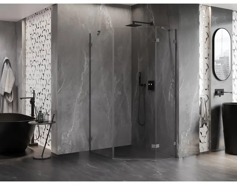 Mexen Lunar, pravý výklopný päťuholníkový sprchový kút 90 x 100 cm, 8mm číre sklo, grafitový profil, 831-090P-100L-95-00-P