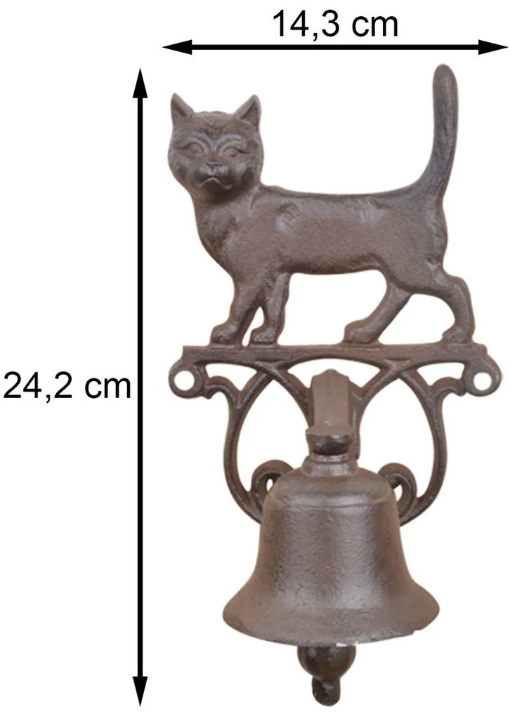 Záhradný zvonček Cat, 24x14 cm, liatina, hnedá