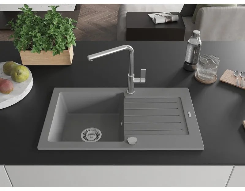 Mexen Pablo, 1-komorový granitový drez 752x436x161 mm a drezová batéria Flora, šedá, 6510-71-670401-00