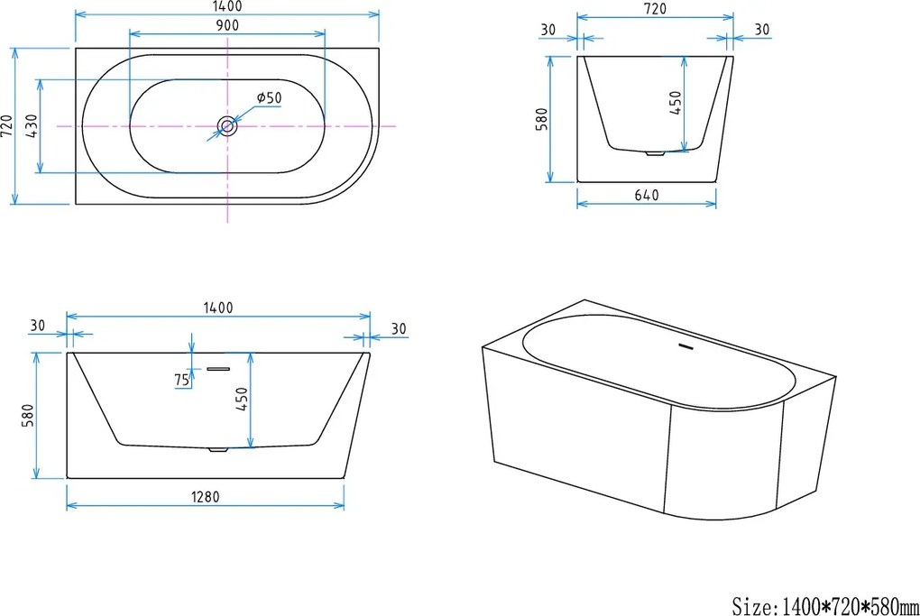 Erga Zara, rohová voľne stojaca vaňa 140x72 cm + odtoková zátka, ľavá, biela lesklá, ERG-ZARA-140072L-WH-WH
