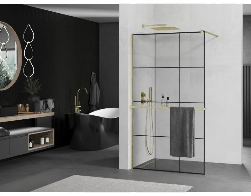 Mexen Kioto+, sprchová zástena Walk-In s poličkou a vešiakom 110 x 200 cm, 8mm číre sklo čierny vzor, zlatý matný profil, 800-110-121-55-77