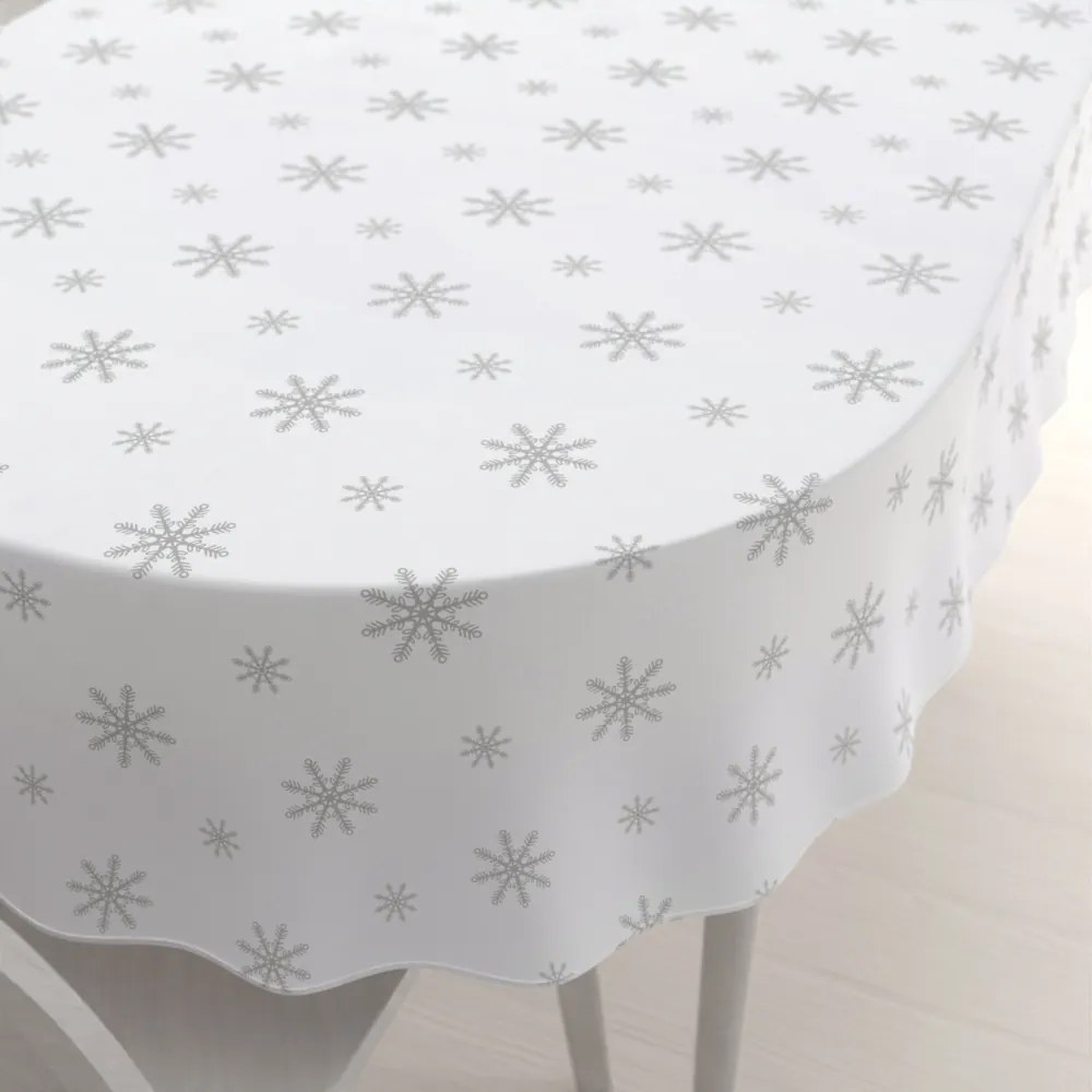 Biante Teflónový oválny obrus TF-112 Vianočné sivé vločky na bielom 140x220 cm