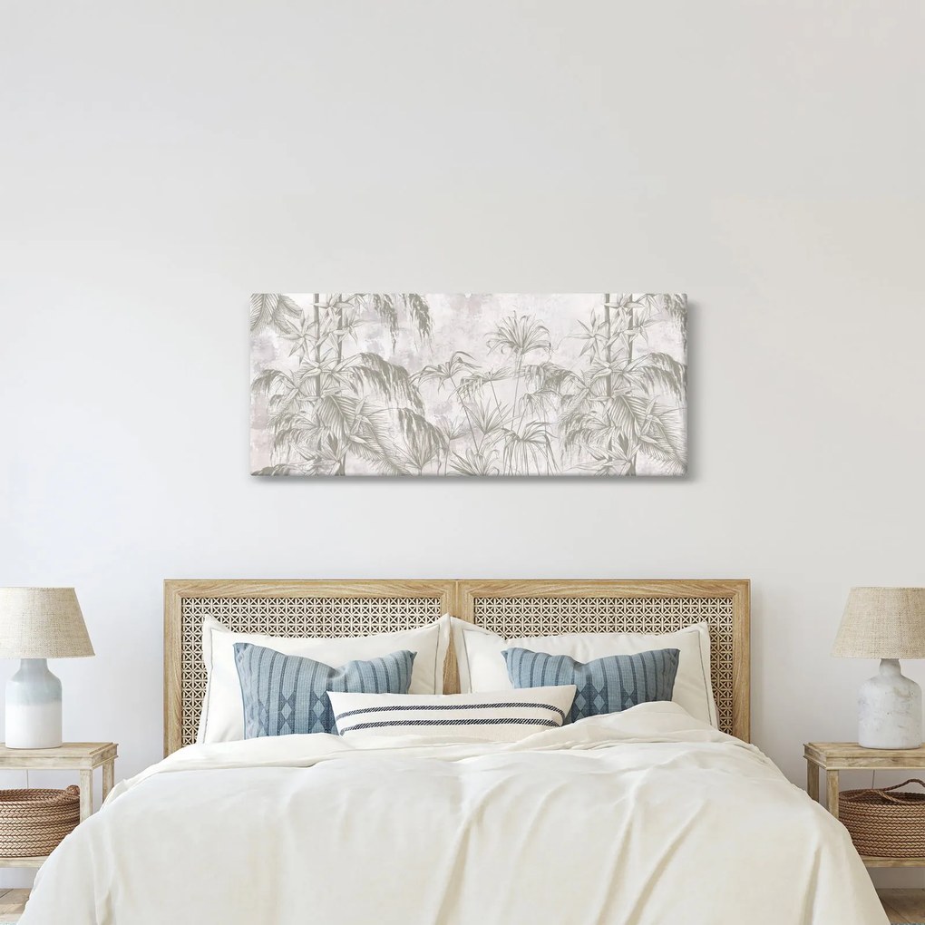 Obraz - Tropické rastliny na stene v šedej (120x50 cm)