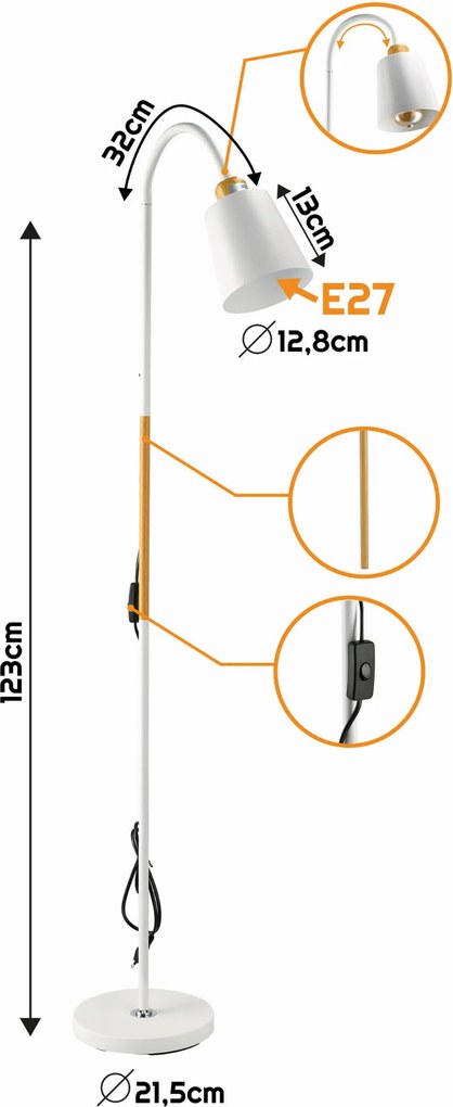 BERGE LED stojacia lampa 1xE27 150cm biela