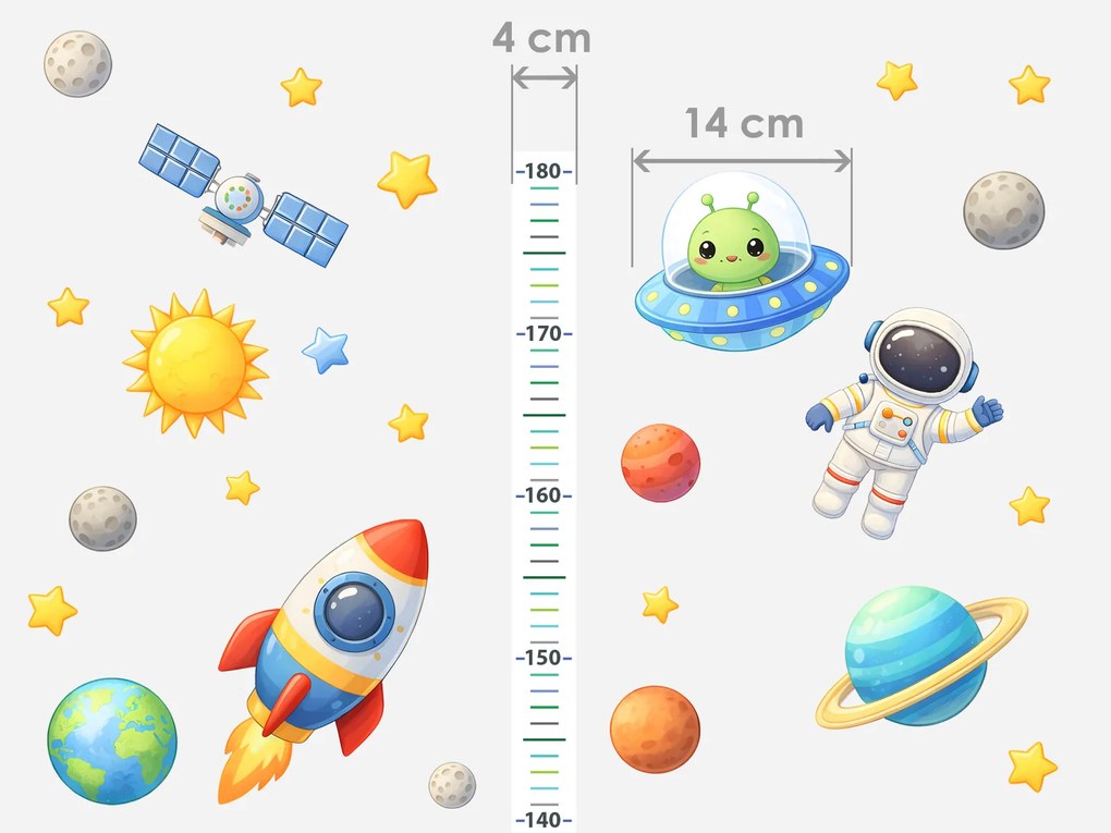 Detský meter vesmír textilní prelepiteľná nálepka na stenu výška 160 cm