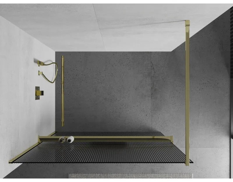 Mexen Kioto, sprchová zástena s poličkou a vešiakom na uteráky 120 x 200 cm, 8mm sklo s rebrovým vzorom, zlatý profil, 800-120-121-50-09