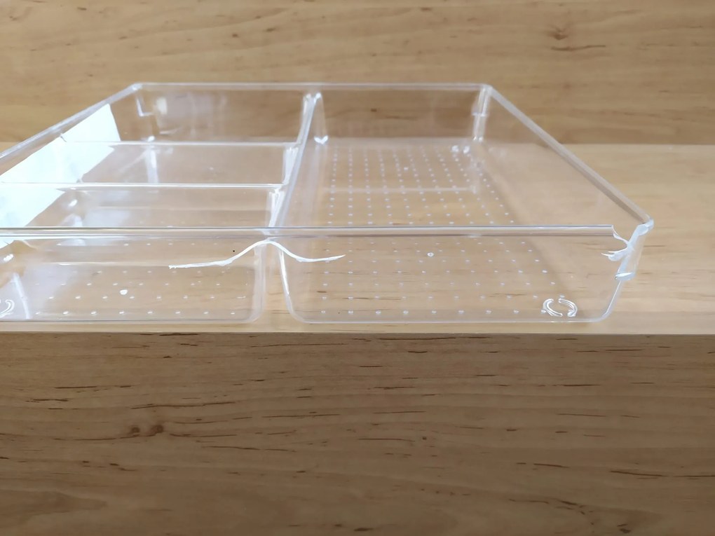2. akosť - Organizér, vložka do zásuvky, transparentný FLEXI, 4 priehradky, celkom 31x31 cm