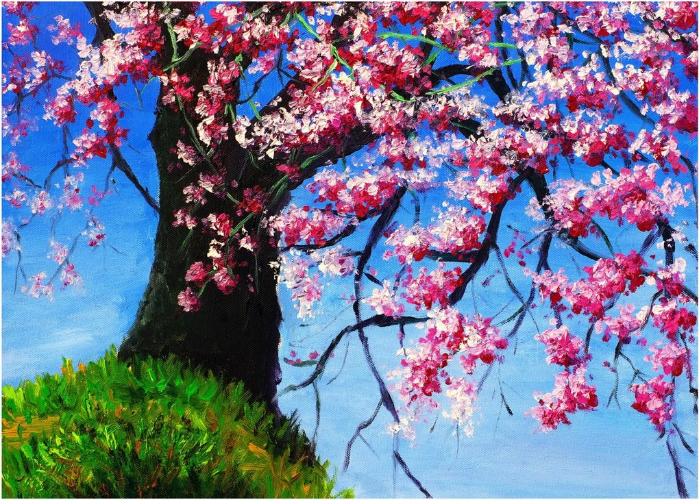 Sklenený obraz maľované rozkvitnuté čerešne (70x50 cm)