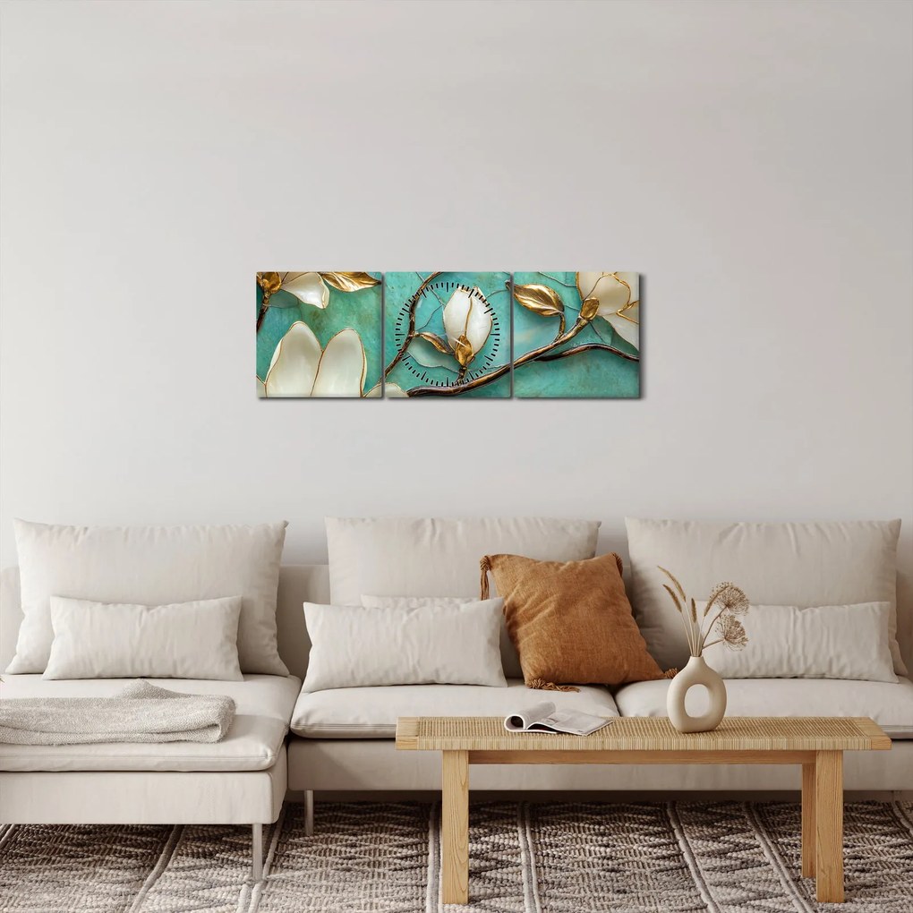 Obraz - 3D magnólia (s hodinami) (90x30 cm)