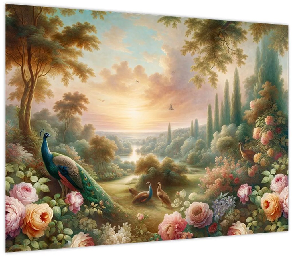 Sklenený obraz - Pávy v záhrade (70x50 cm)