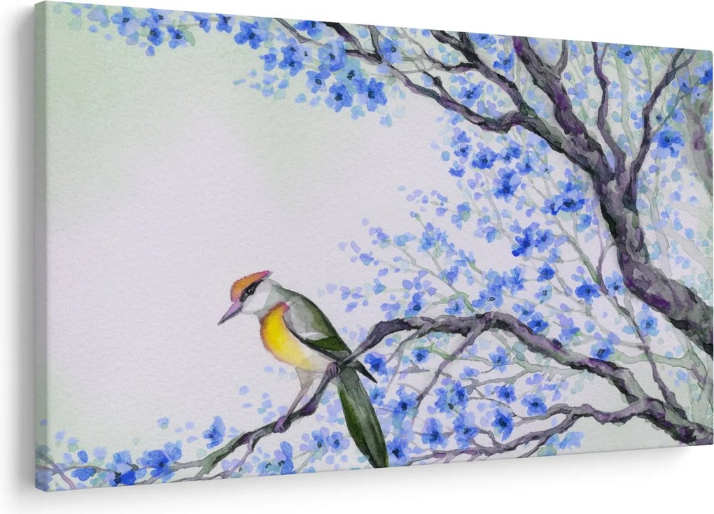 Obraz - Vtáčik na strome s modrými kvetmi (90x60 cm)