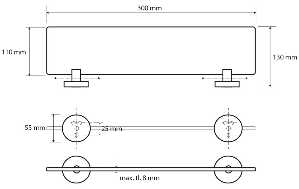 Sapho Sapho, X-ROUND E sklenená polička 300x130mm, chróm, XR601