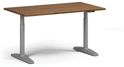 Výškovo nastaviteľný stôl OBOL, elektrický, 675-1325 mm, doska 1400x800 mm, sivá zaoblená podnož, orech