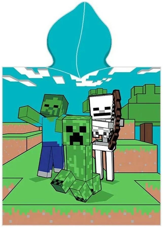 Detské plážové pončo - osuška s kapucňou Minecraft - motiv Alex a Steve - 100% bavlna - 50 x 115 cm / pre deti 3 - 6 rokov