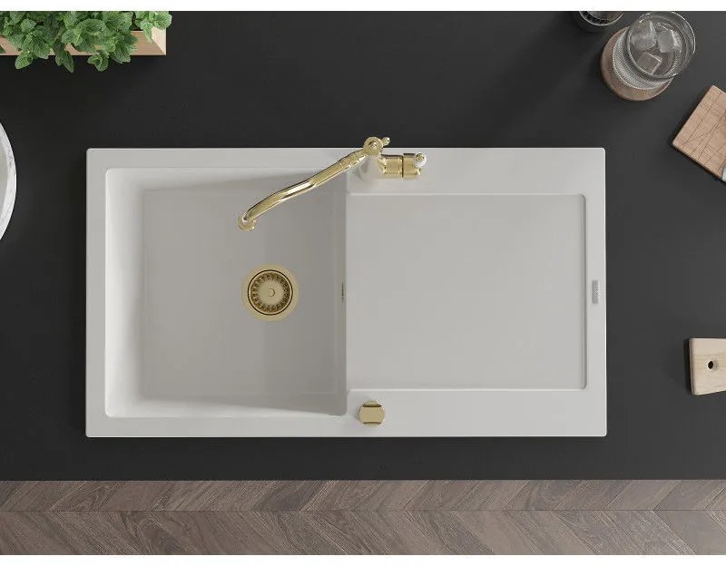 Mexen Leo, granitový drez 900x500x190 mm, 1-komorový a drezová batéria Carla, biela, 6501-20-670700-50