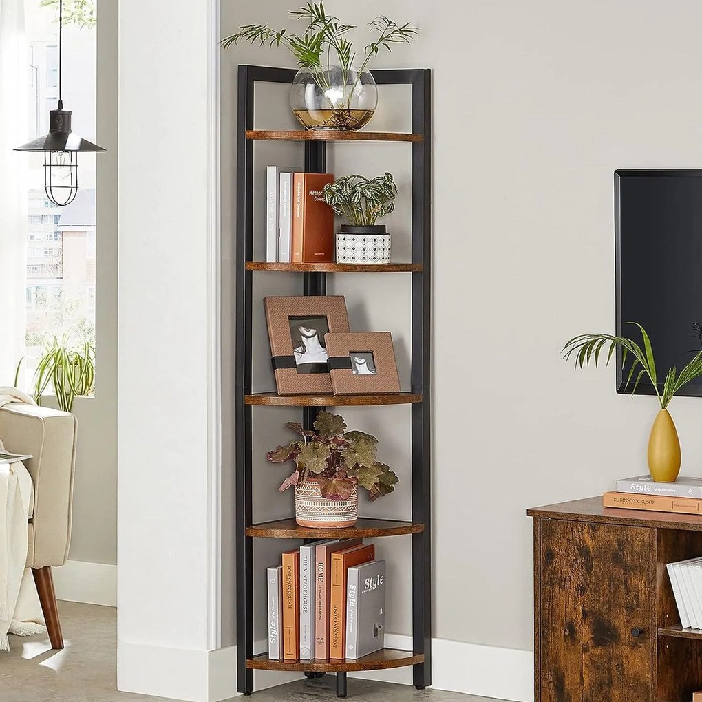 Rohová knižnica, regál 5-úrovňový, rustikálny hnedý