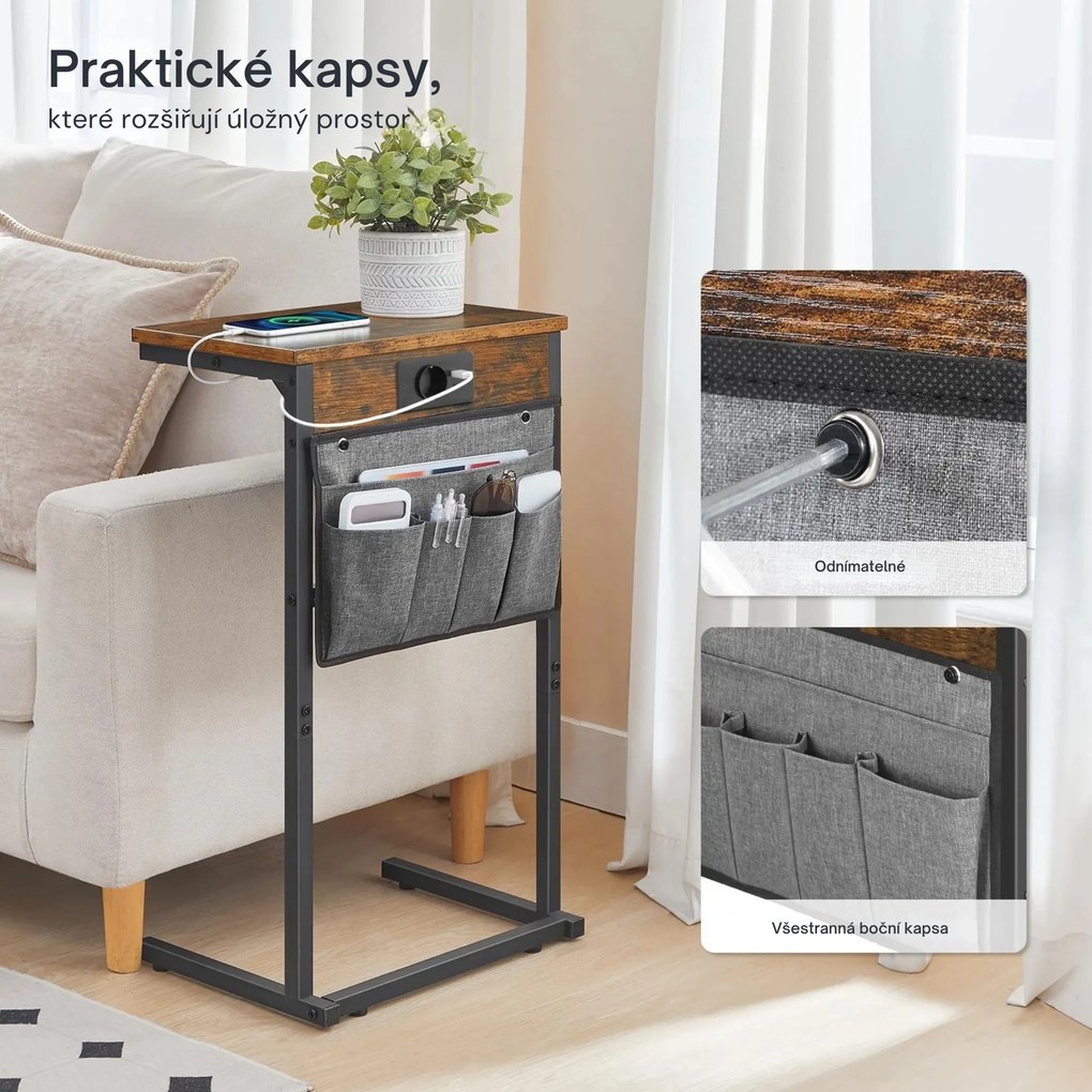 Odkládací stolek Houseland Fill s nabíjecí stanicí a kapsářem hnědý/černý