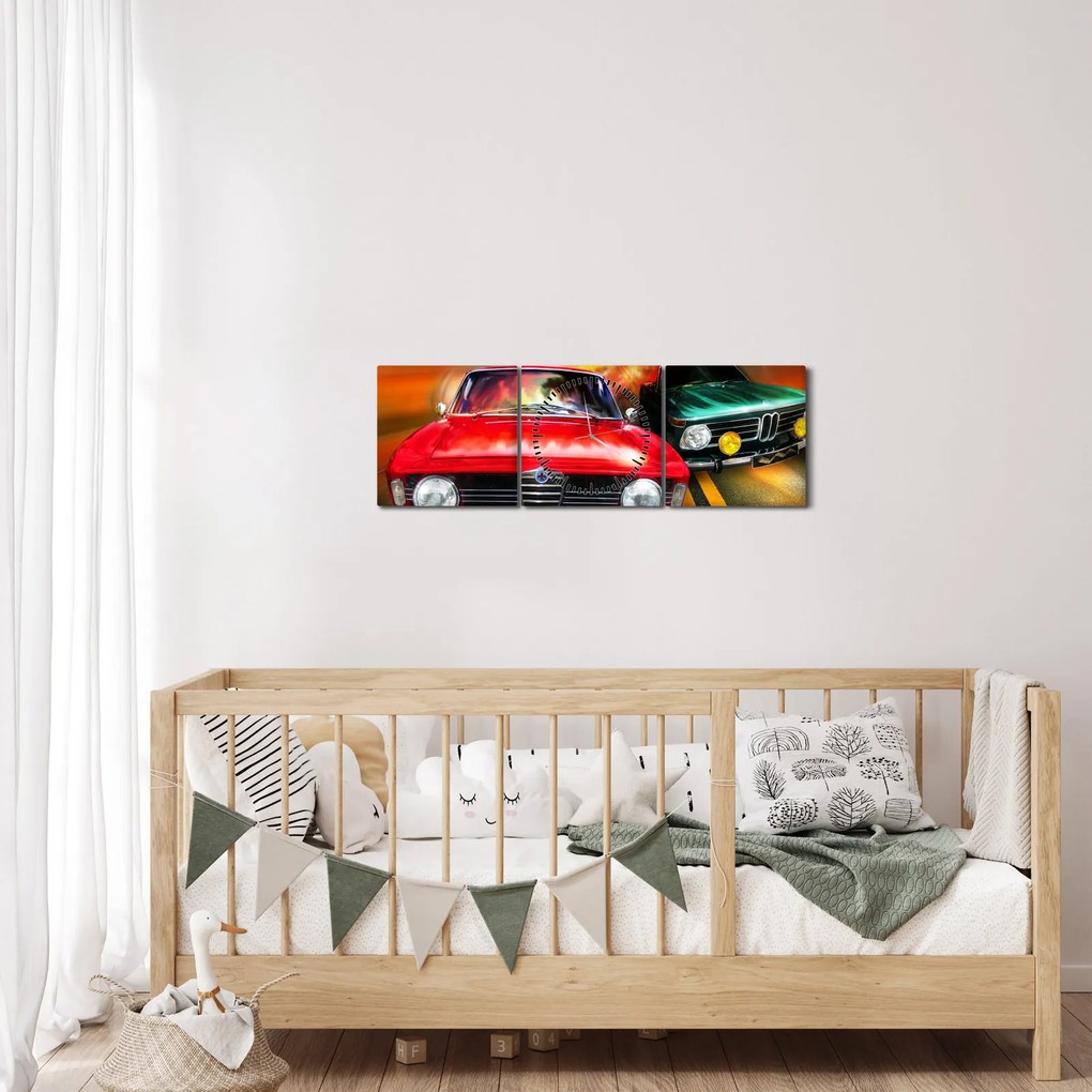 Obraz - Retro závodné autá (s hodinami) (90x30 cm)