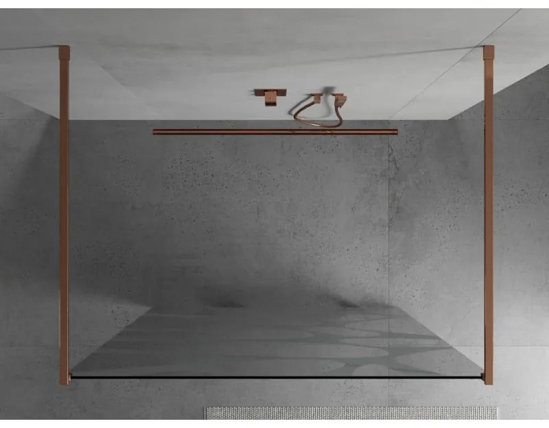 Mexen Kioto, priechodná sprchová zástena 120 x 200 cm, 8mm sklo číre s bielym vzorom, 2x zlatá stabilizačná rozpera, profil ružové zlato, 800-120-002-60-97