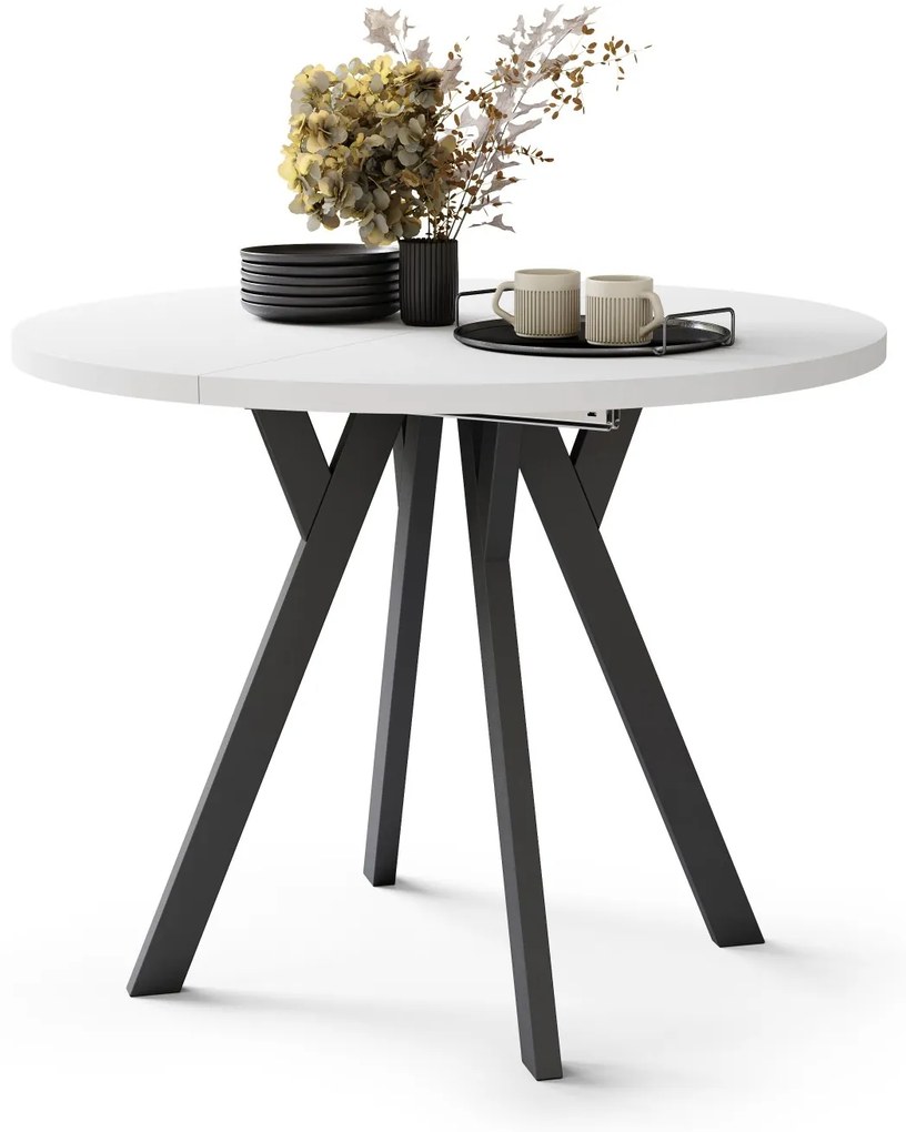 ALMO 100 Matné biele/čierne nohy - OKRÚHLY LOFTOVÝ/INDUSTRIÁLNY ROZKLADACÍ STÔL DO OBÝVAČKY/JEDÁLNE