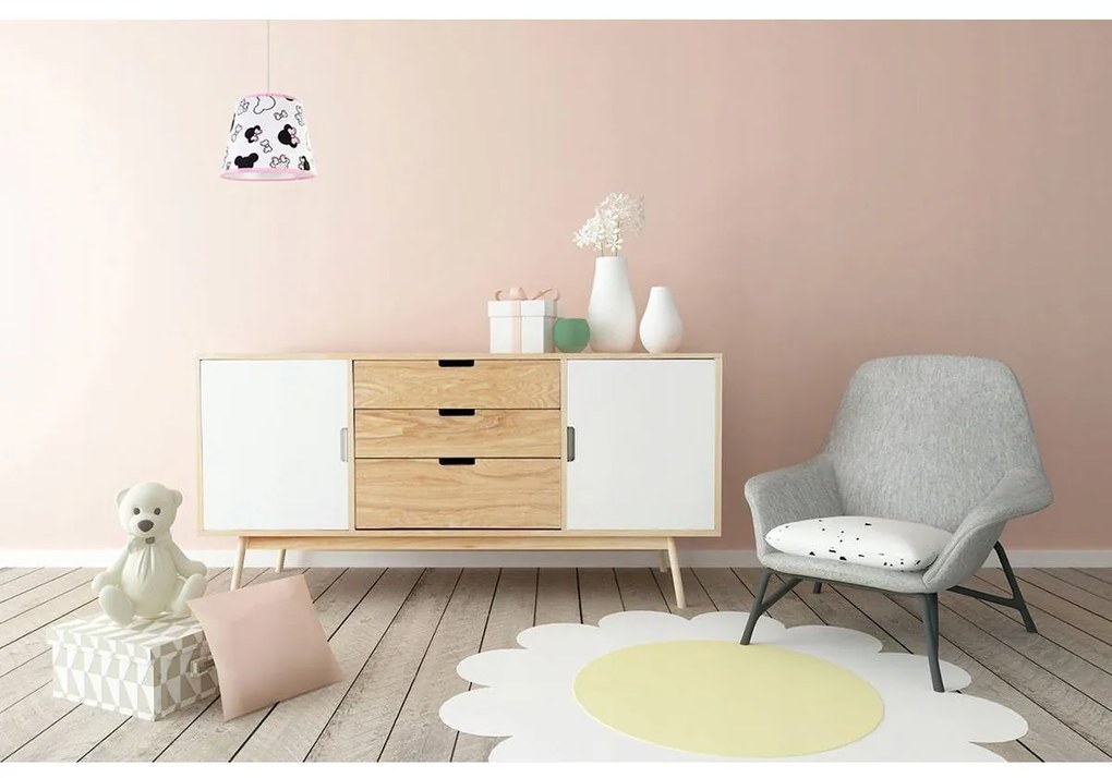Detské závesné svietidlo Minnie, 1x textilné tienidlo so vzorom, s
